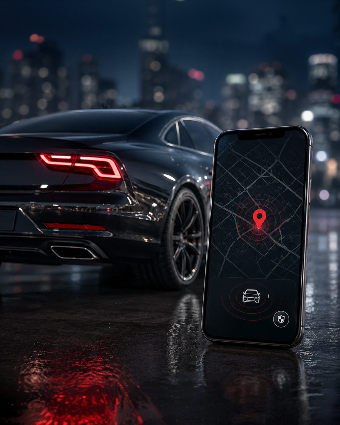 A dark coupe on wet tarmac at night against a city skyline, a phone beside it showing the vehicle's location on a map.