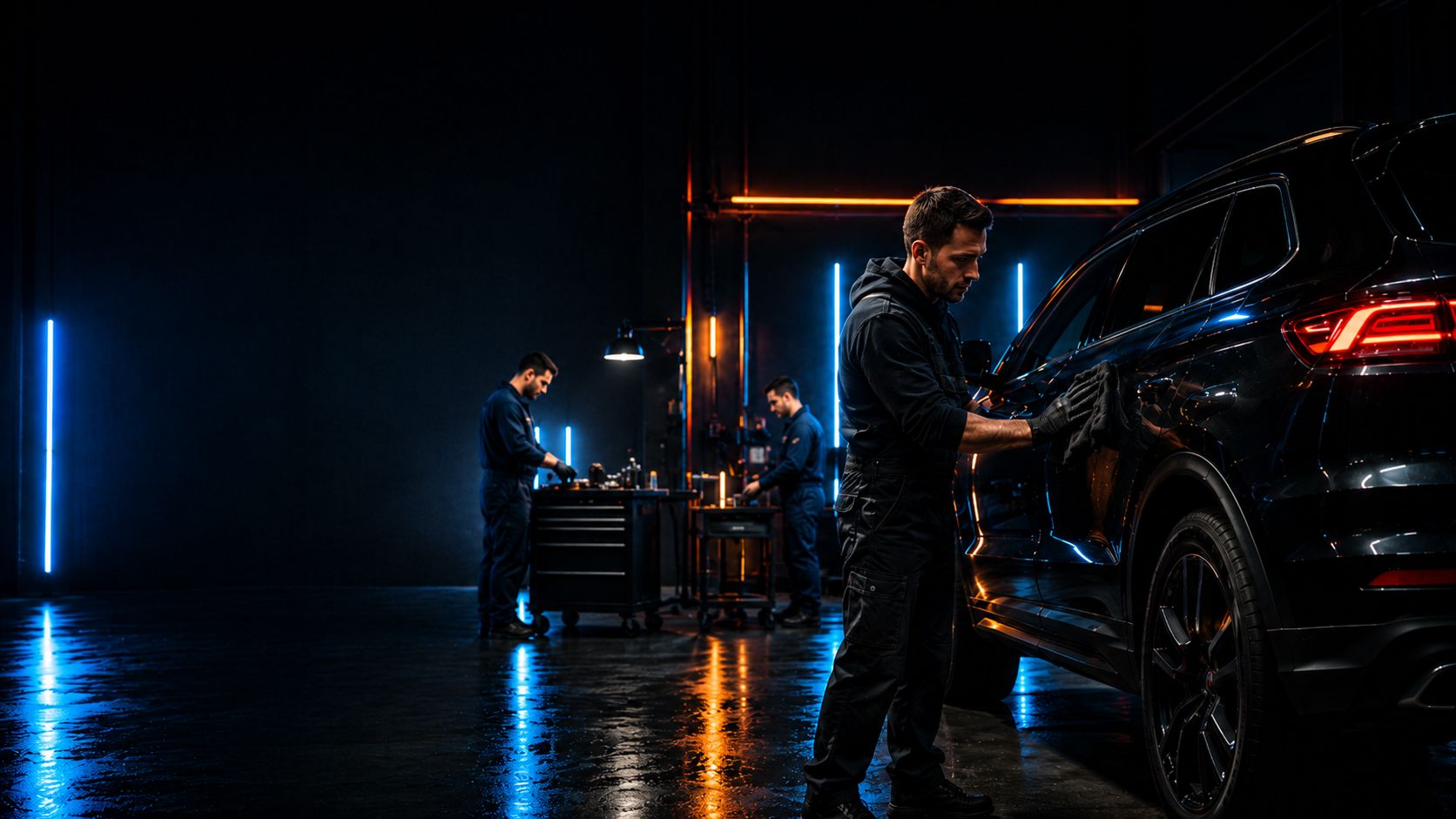 Three technicians working across a dark shop floor at night — one wiping down the flank of a dark crossover, two at a bench further back.