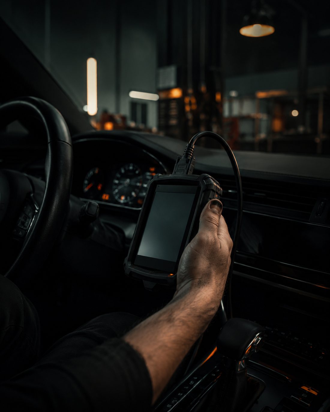 A technician's hand holding a diagnostic scan tool inside a car, the workshop lights out of focus through the windscreen.
