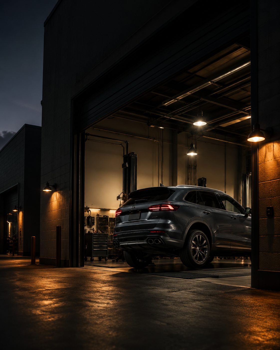 The open bay doors of the shop at dusk, a sedan inside under warm ceiling lights and wet tarmac in front.