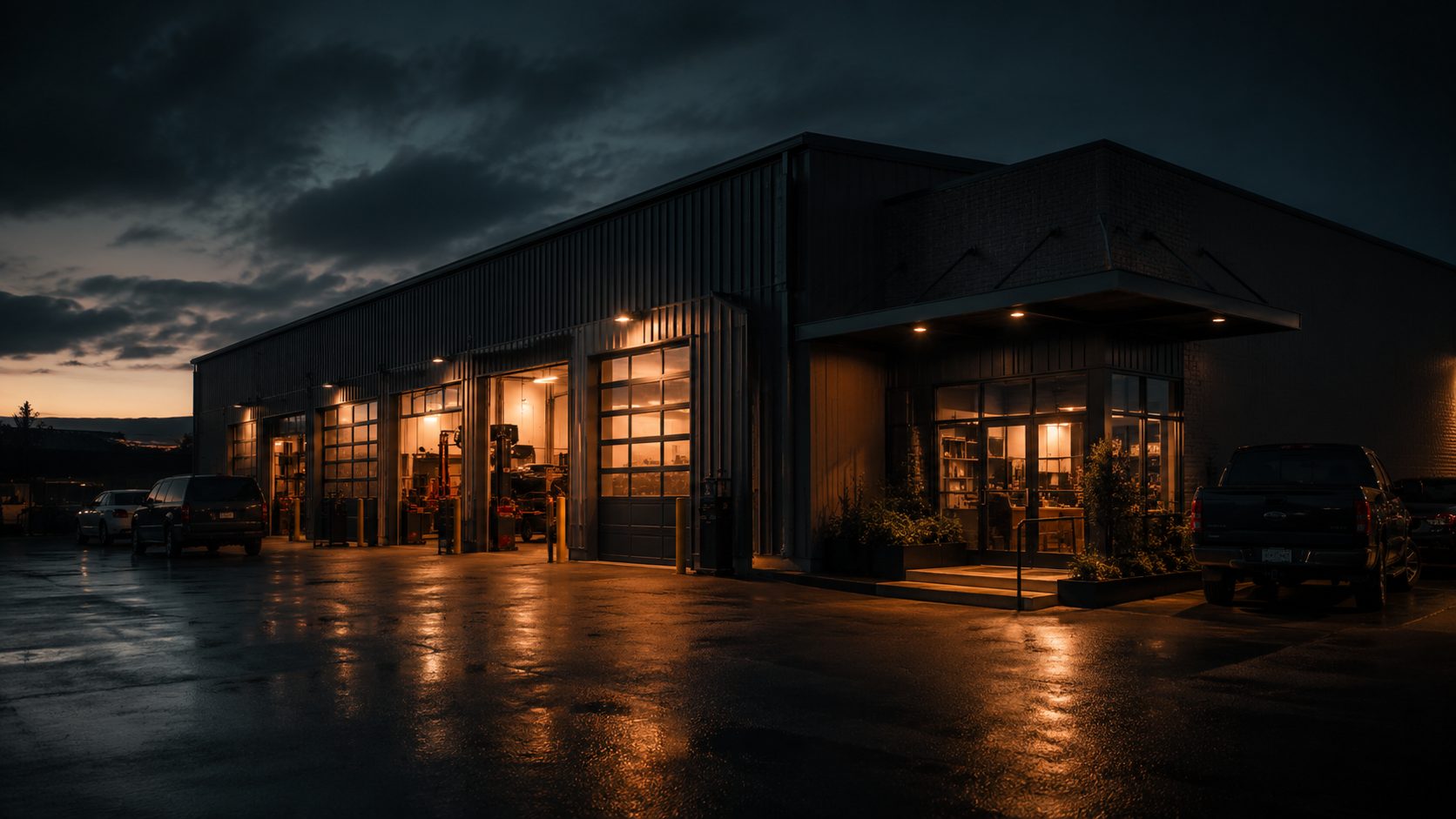 The shop on North Prospect Avenue: bay doors along the side of the building, lit from inside, and the office entrance at the corner.