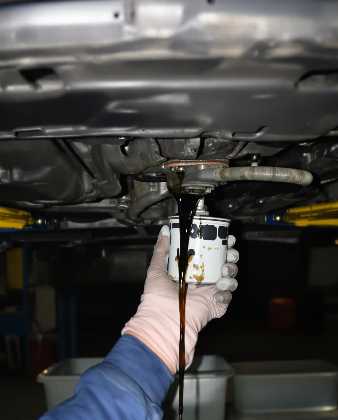 Gloved hands removing an oil filter beneath a raised sedan, with a drain pan on the floor below.
