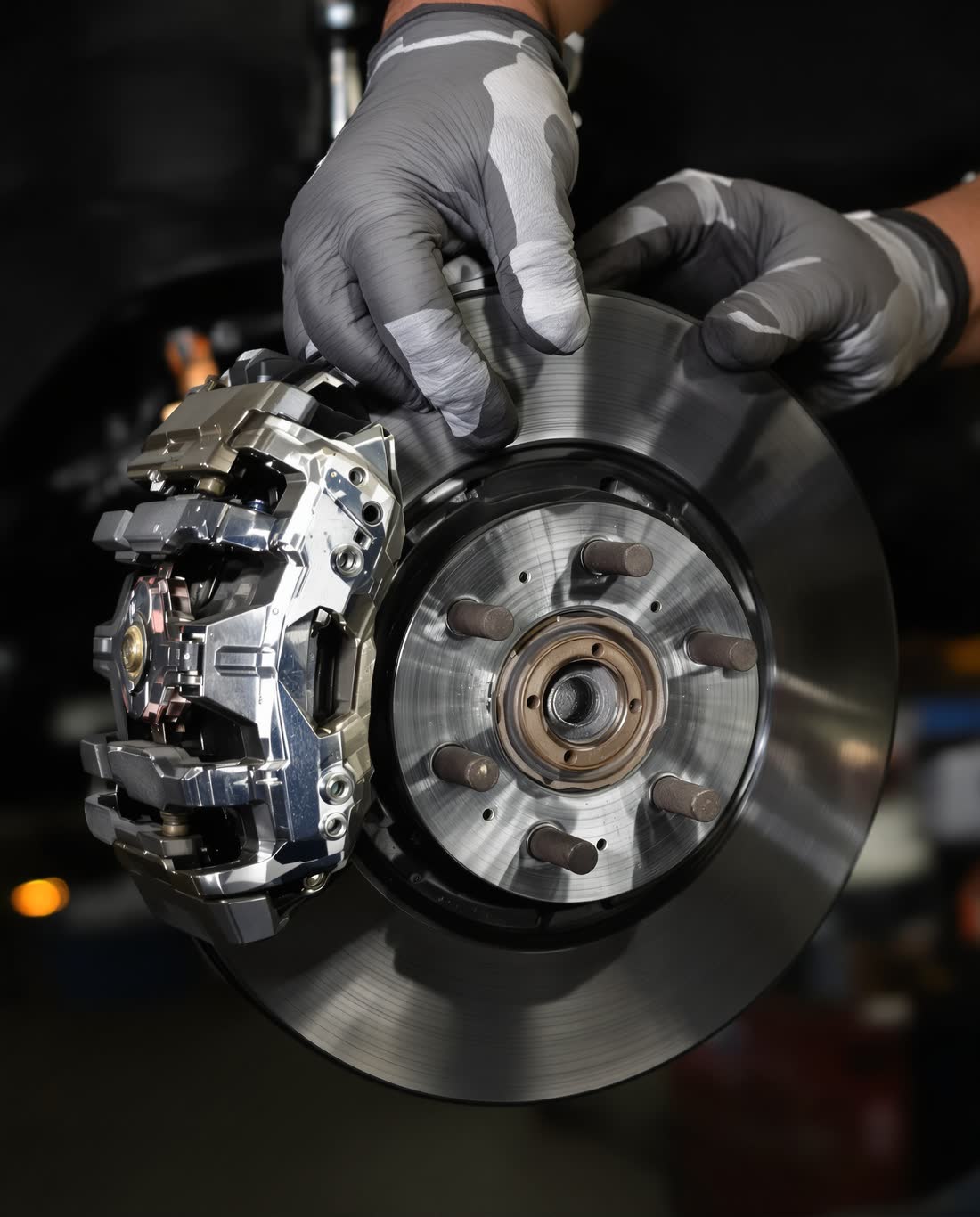 An exposed brake rotor and caliper on a front hub with the wheel removed, a gloved hand fitting a new pad.