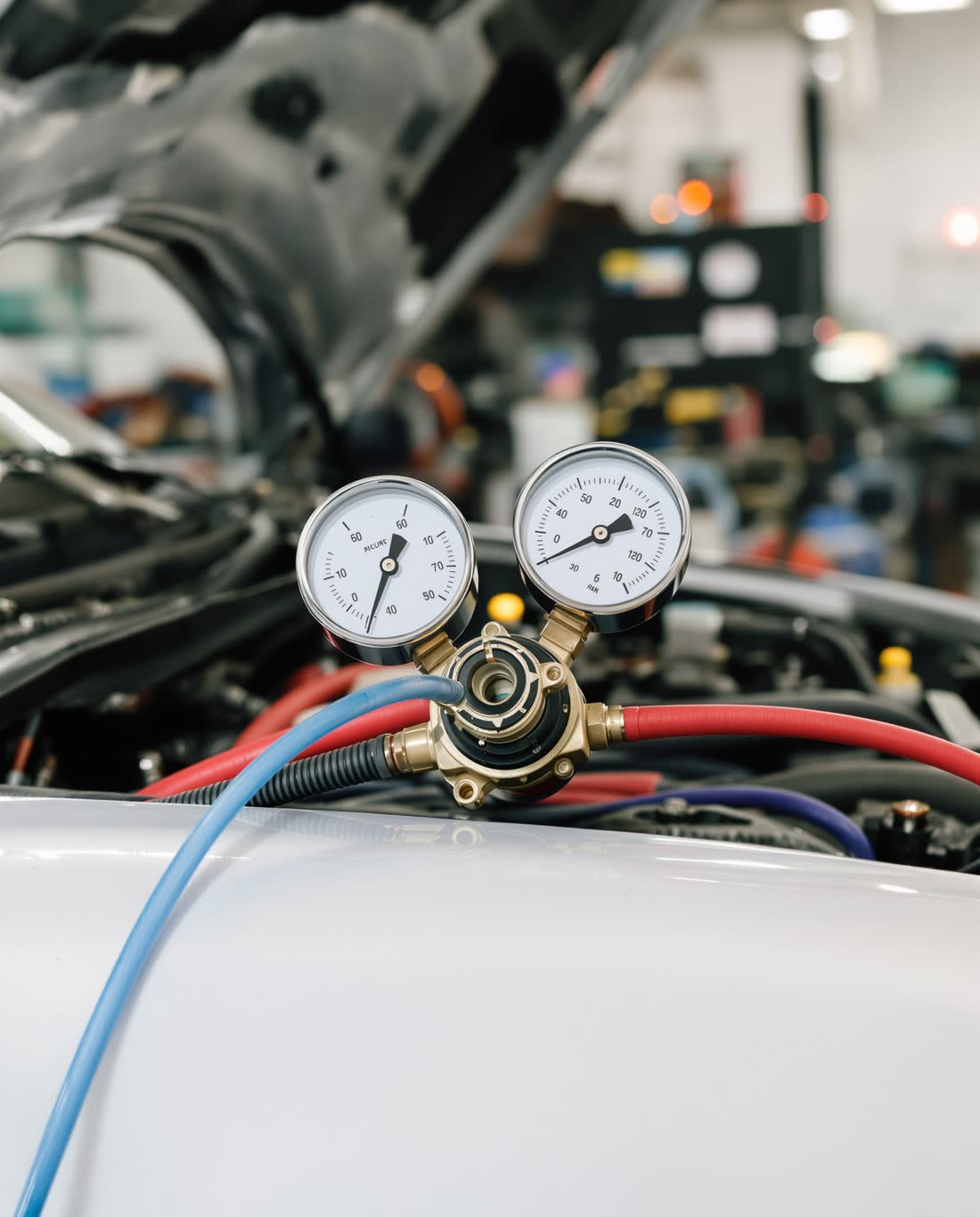 An air-conditioning manifold gauge set resting on a fender with service hoses running into the engine bay.