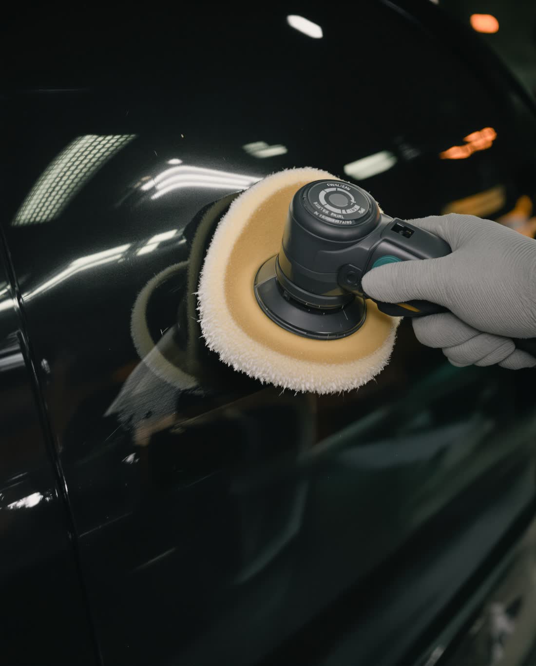 A dual-action polisher held against the dark door panel of a family sedan.